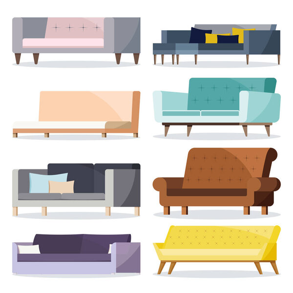 Isolated colored different shape soft and leather sofa with cushion icon set. Collection of sofa vector illustration in cartoon flat style. Interior design elements on white background.