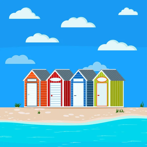 Summer Sea Side Landscape Grass Huts Sand Stones Clouds Cute — Stock Vector