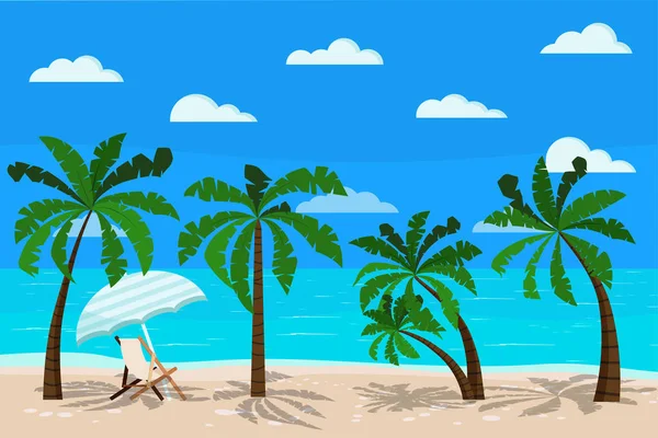 Bellissimo Paesaggio Marino Con Chaise Longue Blu Oceano Costa Sabbia — Vettoriale Stock
