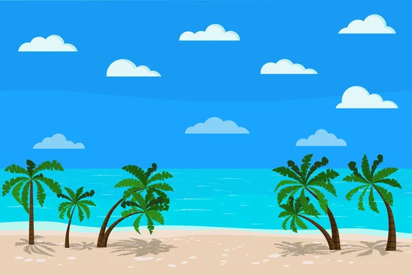 Schöne Panoramische Blaue Meereslandschaft Ruhiger Ozean Palmen Wolken Sandküste Vektorillustration — Stockvektor