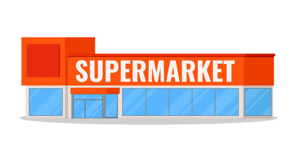 Современный иконка здания супермаркета с местом для вашего логотипа изолированы на белом фоне с тенью. Векторная иллюстрация плоского мультипликационного стиля
.