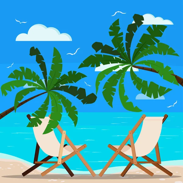 Dvě Lehátka Krásných Palmách Klidný Oceán Písečné Pobřeží Racci Mraky — Stockový vektor