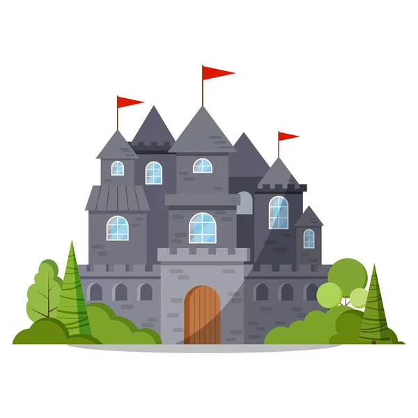 Grey Stone Cartoon Fairy Tale Castle Tower Icon Green Trees — 스톡 벡터