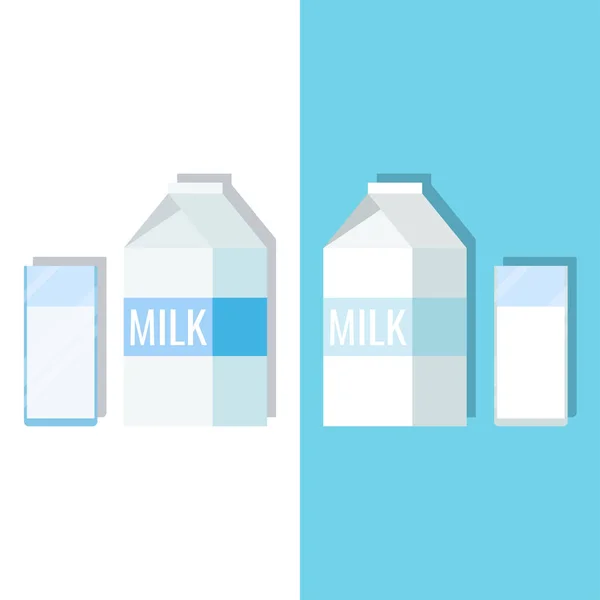 白と青のパッケージと牛乳のガラスの画像を設定します 白と青の背景に隔離された影とミルクの閉じるボックスアイコン ベクトル漫画フラットスタイルの看板イラスト グラフィックデザイン要素 — ストックベクタ
