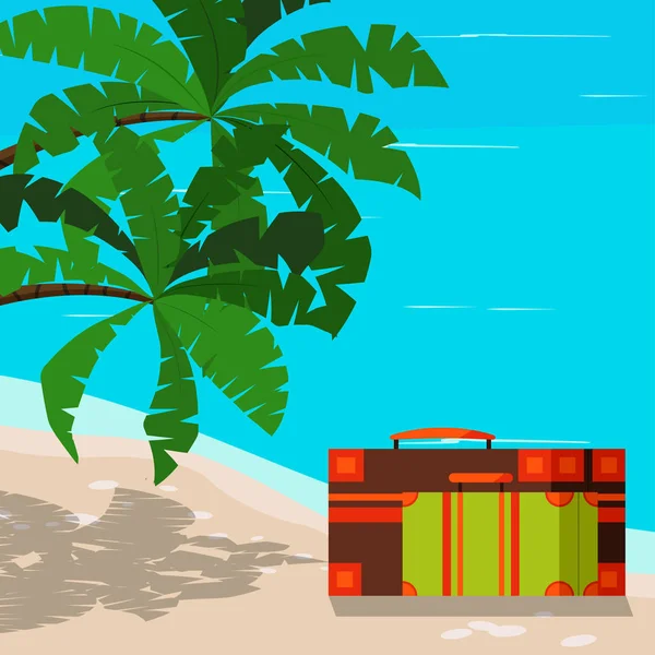 Schöne Meereslandschaft Mit Farbigen Koffern Blauer Ozean Palmen Sandküste Vektor — Stockvektor