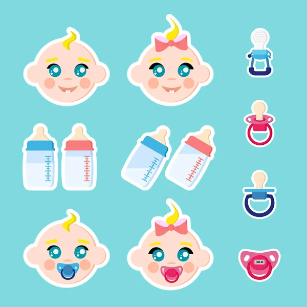 Set Children Faces Icons Baby Bottles Milk Pacifiers Baby Dummies — 스톡 벡터