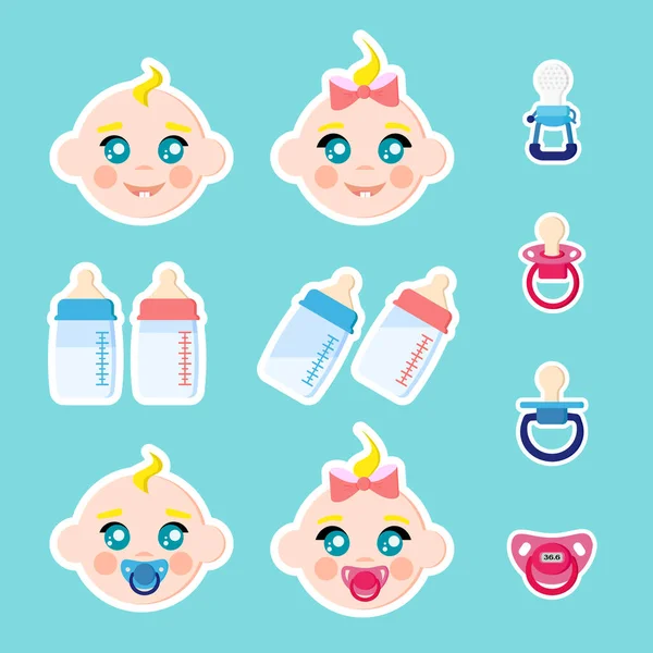 Set Van Kinderen Gezichten Pictogrammen Baby Flessen Met Melk Fopspenen — Stockvector