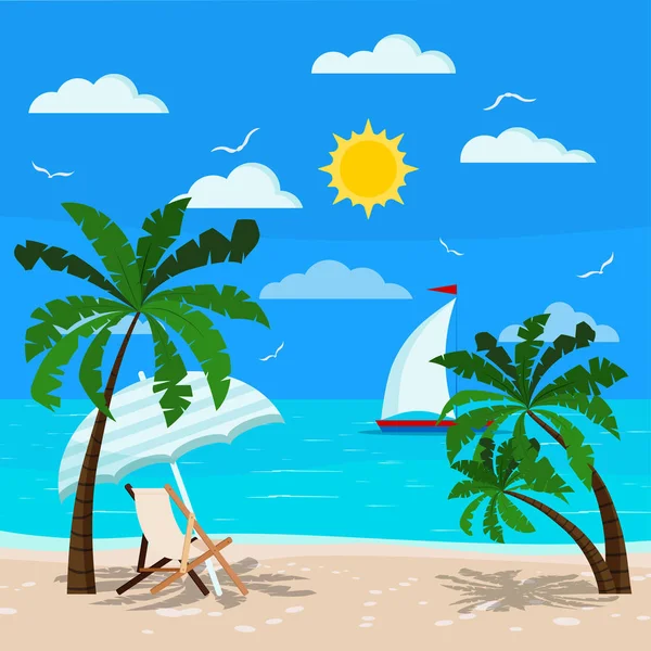 Comfortable Chaise Lounge Sun Umbrella Seascape Ocean Coastline Palm Tree — Stock Vector