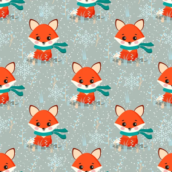 Modèle Hiver Sans Couture Vectoriel Avec Mignon Renard Avec Écharpe — Image vectorielle