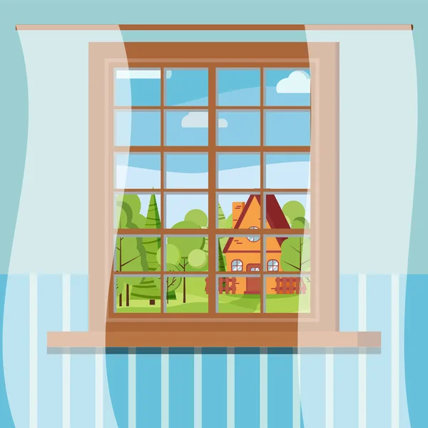 フラットなスタイルで漫画の木製の窓のビュー 晴れた日のシーン 緑の木々 カントリーハウス ベクターイラスト — ストックベクタ