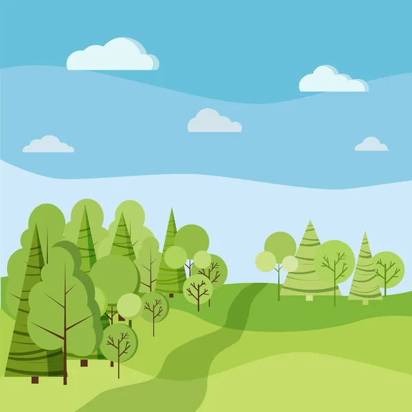 Прекрасний Весняний Або Літній Пейзаж Зеленими Деревами Ялинами Полями Хмарами — стоковий вектор