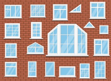 Set of isolated white plastic room windows on red brick wall background. Vector illustration in flat style. clipart