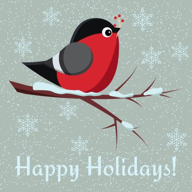 Greeting card with cute bird bullfinch sit on branch of rowan-tree with bunch of red rowanberry on snowy background. Happy Holidays. Vector illusttation in cartoon flat style. clipart