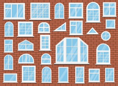 Set of isolated plastic windows on red brick wall background. Vector illustration in flat style. clipart