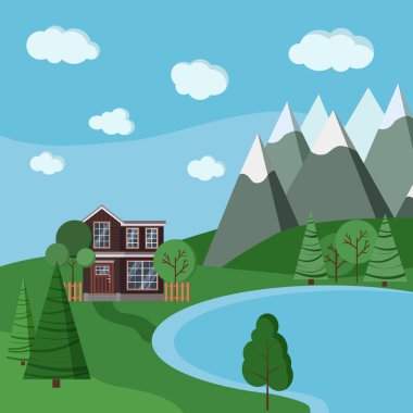 Yaz ya da bahar dağ manzarası, iki katlı ahşap çiftlik evi, çitler, yeşil ağaçlar, ladin, bulutlar, yol, çizgi film tarzı göl. Vektör manzara arkaplan illüstrasyonu.