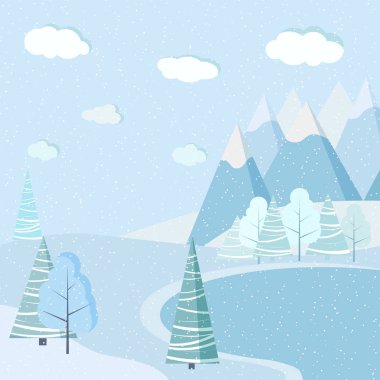 Güzel bir Noel kışı donmuş göl manzarası. Dağlar, kar, ağaçlar, düz çizgi film tarzında süslerle. Vektör doğa sahne illüstrasyonu.
