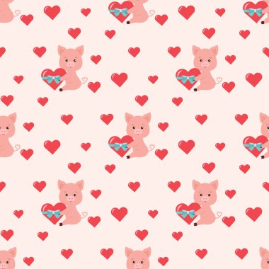 Kırmızı kalpli, mavi yay ve pembe arka planda küçük kalpler olan sevimli domuzlu kusursuz romantik şablon. Sonsuz doku. Ağ, kapak, pankart, dekorasyon ve zarif tasarımlar için örnek arkaplan.