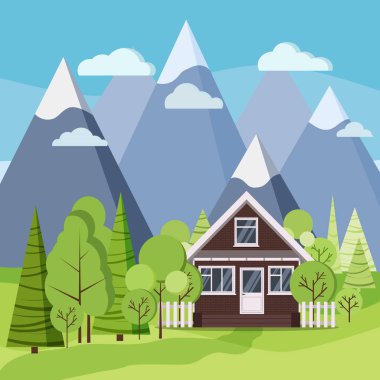 Yaz ya da bahar dağları, çitli, yeşil ağaçlı, ladin, bulutlu, çizgi film tarzı düz yollu tuğla çiftlik evleri olan bir manzara. Vektör doğa sahne arkaplan illüstrasyonu.