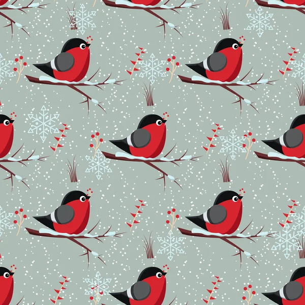 Vector Seamless Winter Pattern Bird Bullfinch Sit Branch Rowan Tree — Stock Vector