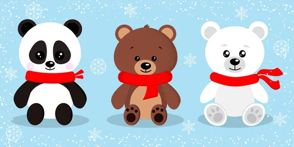 Conjunto Lindo Oso Navidad Aislado Bufandas Rojas Panda Pose Sentado — Archivo Imágenes Vectoriales