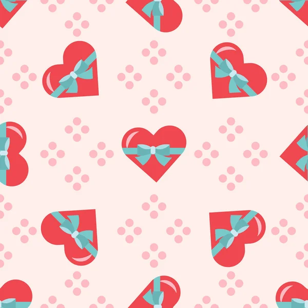 Vector Seamless Romantic Pattern Red Hearts Blue Bow Pink Dotes — Stock Vector