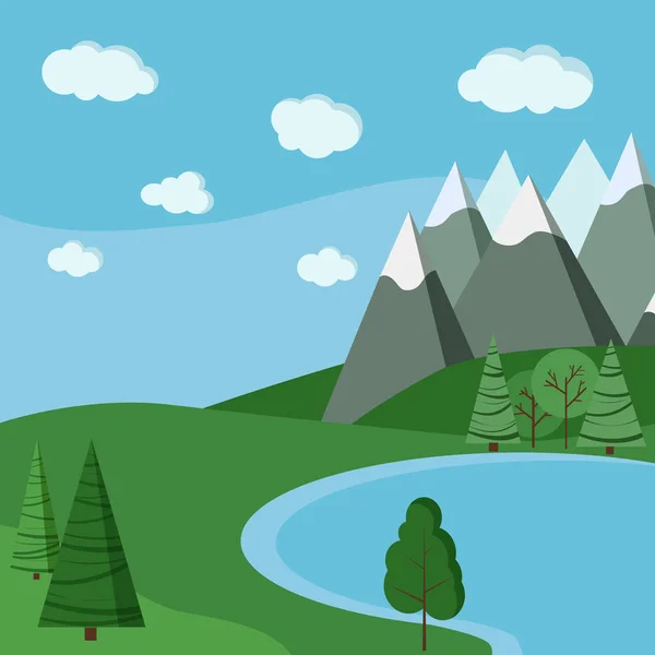 Літні Ландшафти Озера Поля Озеро Небо Хмарами Горами Зеленими Деревами — стоковий вектор