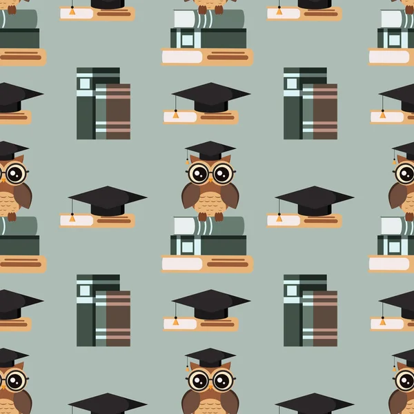 矢量无缝图案与可爱的猫头鹰在眼镜与毕业帽坐在一堆书籍和书籍 无尽的质感网页 封面设计 雅致设计样本背景 — 图库矢量图片