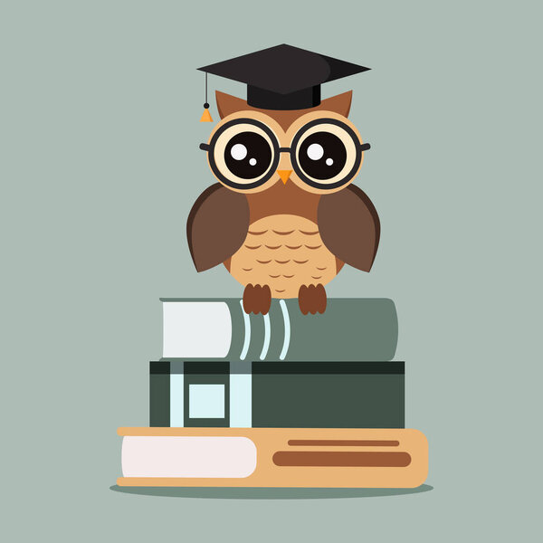 Isolated cute owl in eyeglasses with graduation cap sitting on a stack of books. Vector illustration in cartoon flat style.