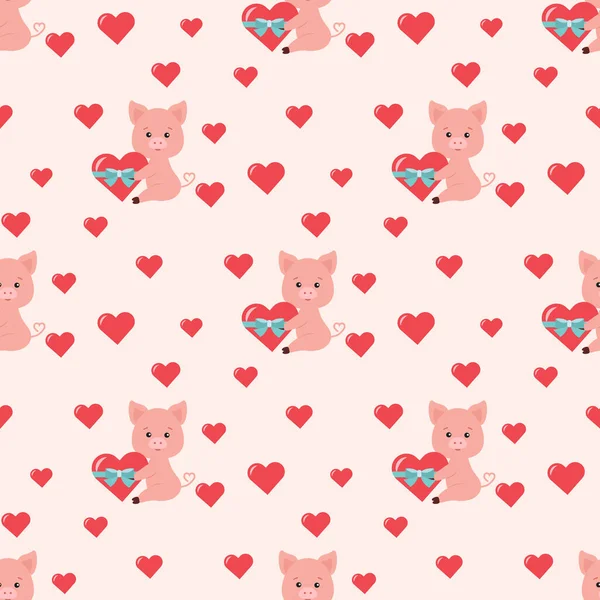 Vector Nahtlose Romantische Muster Mit Niedlichen Schwein Mit Rotem Herz — Stockvektor