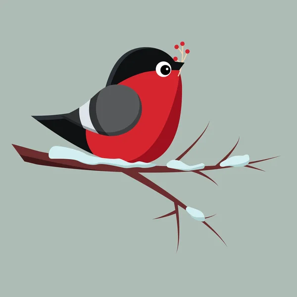 孤立した鳥のブルフィンチは 赤いローワンベリーの束とローワンツリーの雪の枝に座っています 漫画のフラットスタイルのベクトルイラスト — ストックベクタ