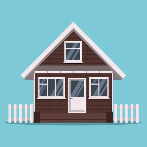 Casa Ladrillo Granja Aislada Con Valla Ventanas Blancas Plástico Estilo — Vector de stock