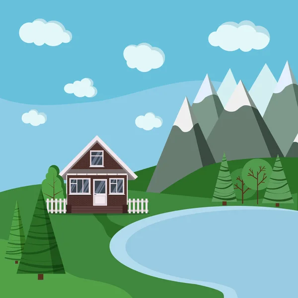 Verano Primavera Lago Montañas Paisaje Con Dibujos Animados Granja Ladrillo — Vector de stock