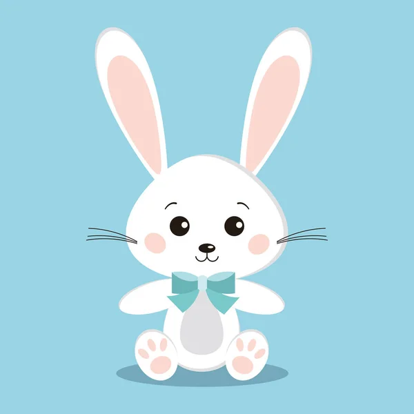 Isolated Cute White Rabbit Sitting Pose Blue Bow Tie Blue — Stock Vector