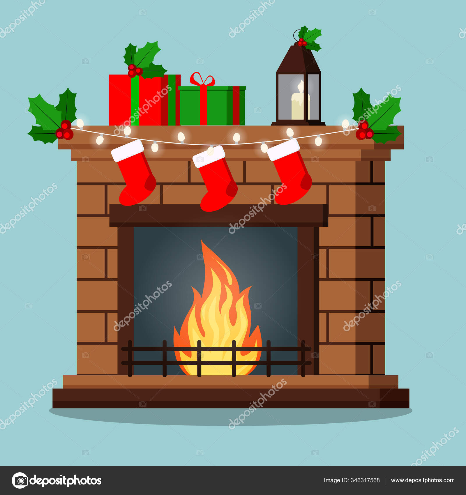 크리스마스 겨우살이 갈런드 양말로 장식된 벽난로 아늑하고 크리스마스 스타일 스톡 벡터 - ©Baldezh 346317568, image size:1600x1700