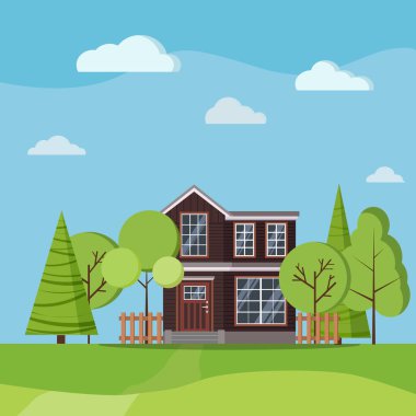 Yaz ya da bahar manzarası, çitleri, yeşil ağaçları, süslemeleri, bulutları, çizgi film tarzı yolu olan iki katlı bir ev. Vektör doğa arkaplan illüstrasyonu.