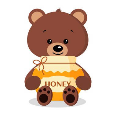 Düz çizgi film tarzı ikon. Beyaz arka planda izole edilmiş lezzetli taze bal kavanozu olan sevimli ve tatlı bir kahverengi ayı. Vektör klipsi oyuncak oyuncak karakter çizimi.