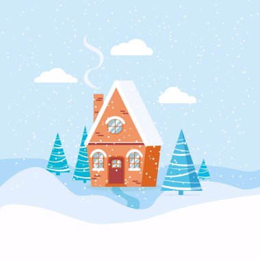 Kır eviyle kış manzarası, süslemeler, bulutlar, düz çizgi film tarzında kar. Vektör arkaplan çizimi.