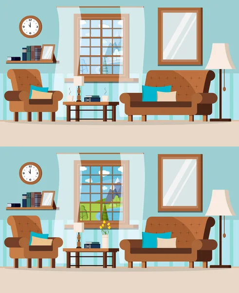 舒适的客厅 配有家具和冬季和夏季湖景的窗户 扶手椅 咖啡桌 卡通平面风格矢量插图 — 图库矢量图片
