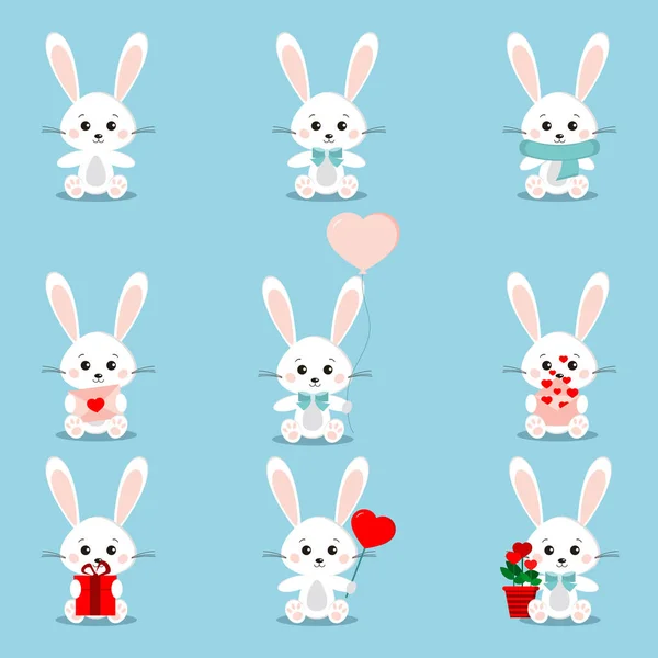 Набір Милих Білих Кроликів Сидячій Позі Різними Речами Лапах Подарунок — стоковий вектор