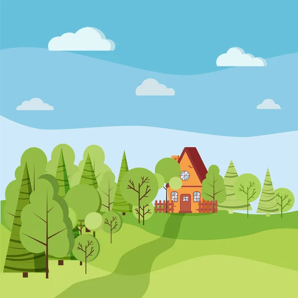 Sommer Oder Frühling Landschaft Mit Cartoon Landhaus Mit Zäunen Grünen — Stockvektor