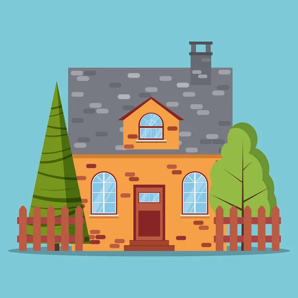 Ikone Eines Gemauerten Bauernhauses Mit Zäunen Grünem Baum Fichte Flachen — Stockvektor