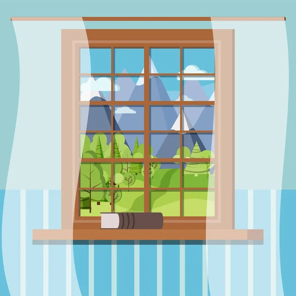 Puerta marrón madera con vista al paisaje urbano del parque. Afuera