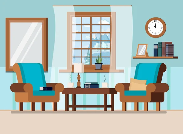 舒适的居家客厅背景景致 有咖啡桌 两张扶手椅 还有漫画式的冬季风景 矢量说明 — 图库矢量图片