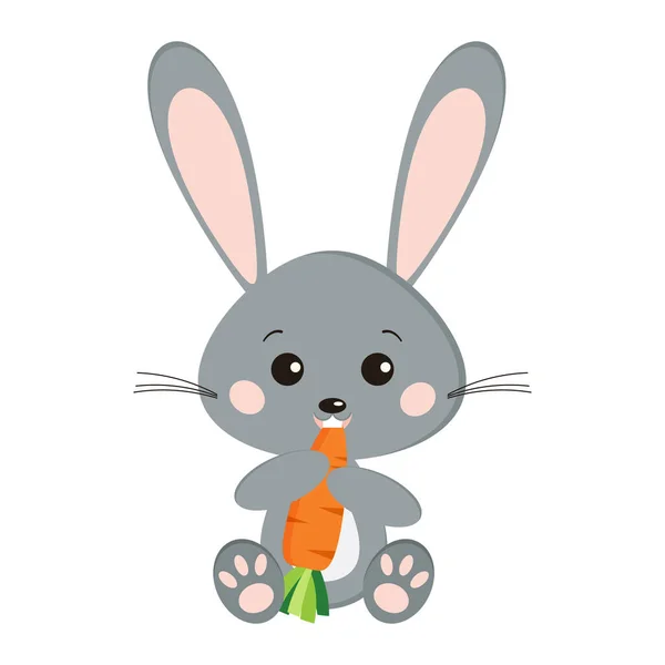 独行可爱的小白兔 爪子拿胡萝卜 以卡通平面风格在白色背景下吃新鲜胡萝卜 矢量儿童设计特征说明 — 图库矢量图片