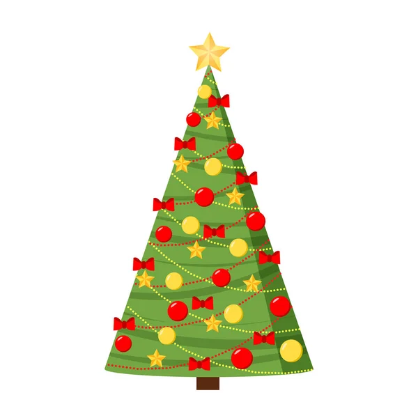 Geschmückter Weihnachtsbaum Mit Stern Dekorationskugeln Und Schleifen Frohe Weihnachten Und — Stockvektor