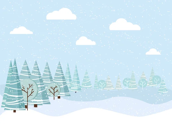 Schöne Weihnachten Winterlandschaft Hintergrund Mit Schnee Bäume Wolken Fichten Cartoon — Stockvektor