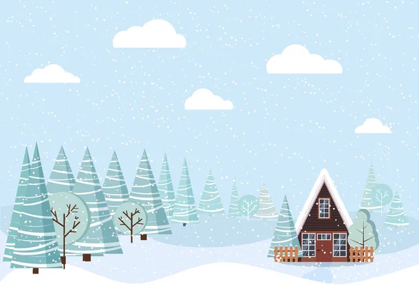 Winterlandschap Met Landhuis Winterbomen Sparren Wolken Sneeuw Cartoon Platte Stijl — Stockvector