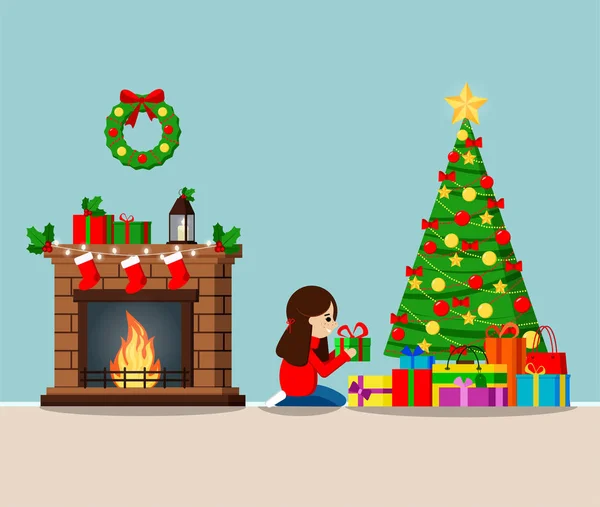 Grußkarte Mit Geschmücktem Weihnachtsbaum Und Geschenken Unter Dem Baum Fireplace — Stockvektor