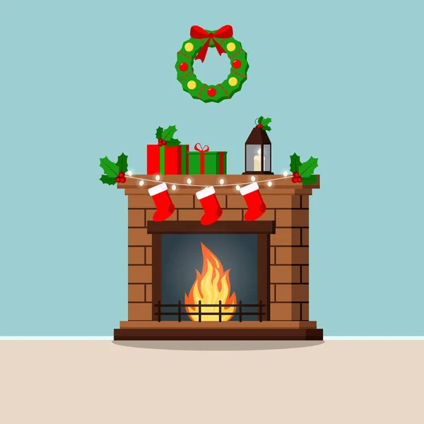 Grußkarte Mit Geschmücktem Adventskranz Und Kamin Geschmückt Mit Geschenken Socken — Stockvektor