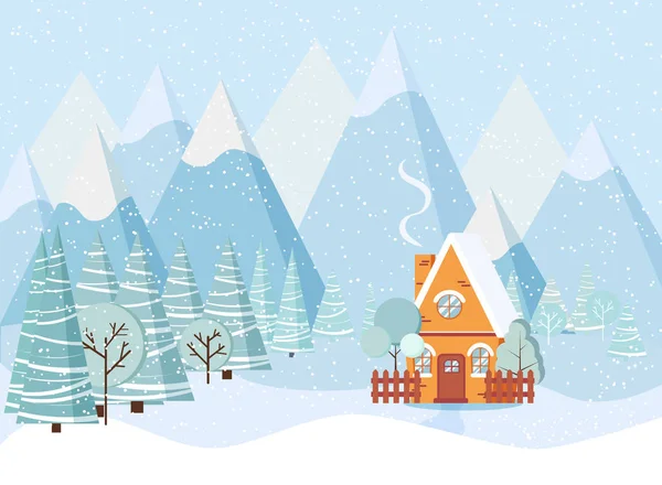 スプルース 漫画のフラットスタイルでカントリーハウスと美しいクリスマス冬の風景の背景 ベクターイラスト — ストックベクタ